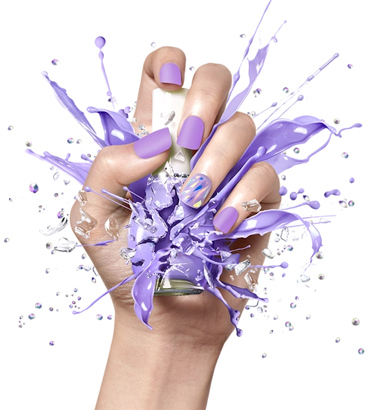 Hand with purple nail polish and exploding nail polish bottle